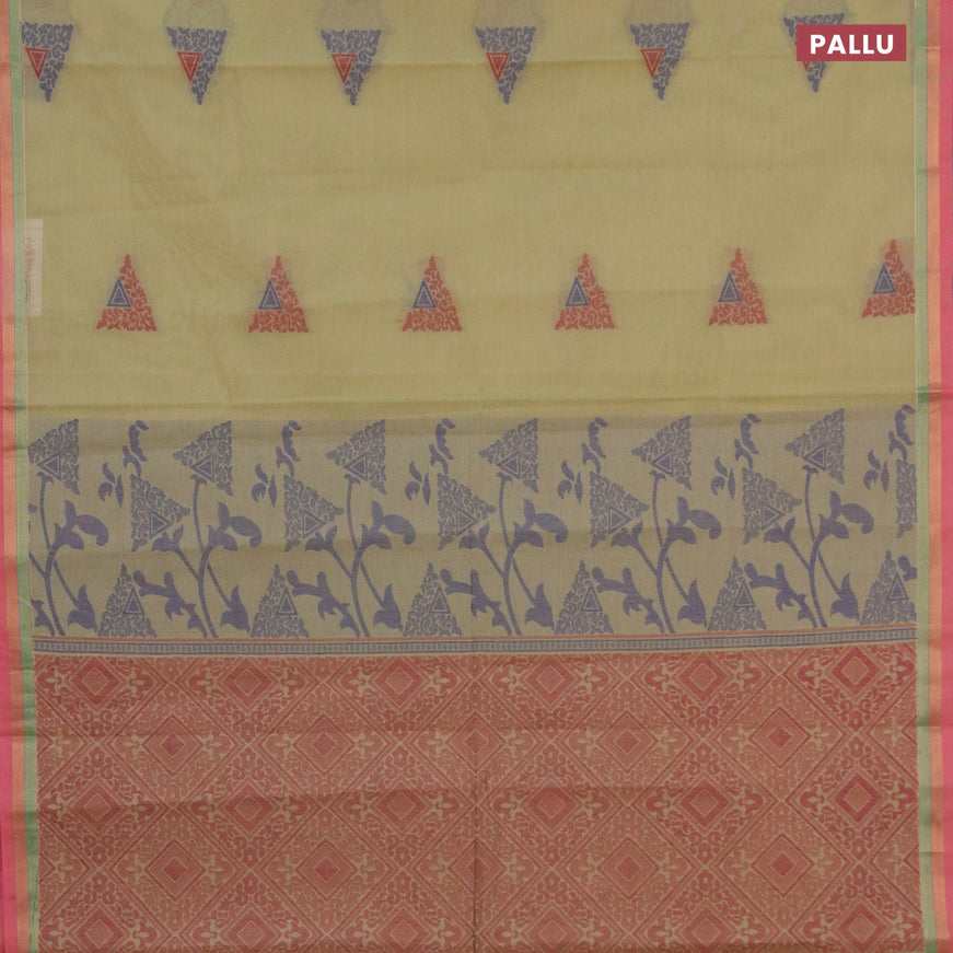 Nithyam cotton saree pista green and pink with geometric thread woven buttas and zari woven border