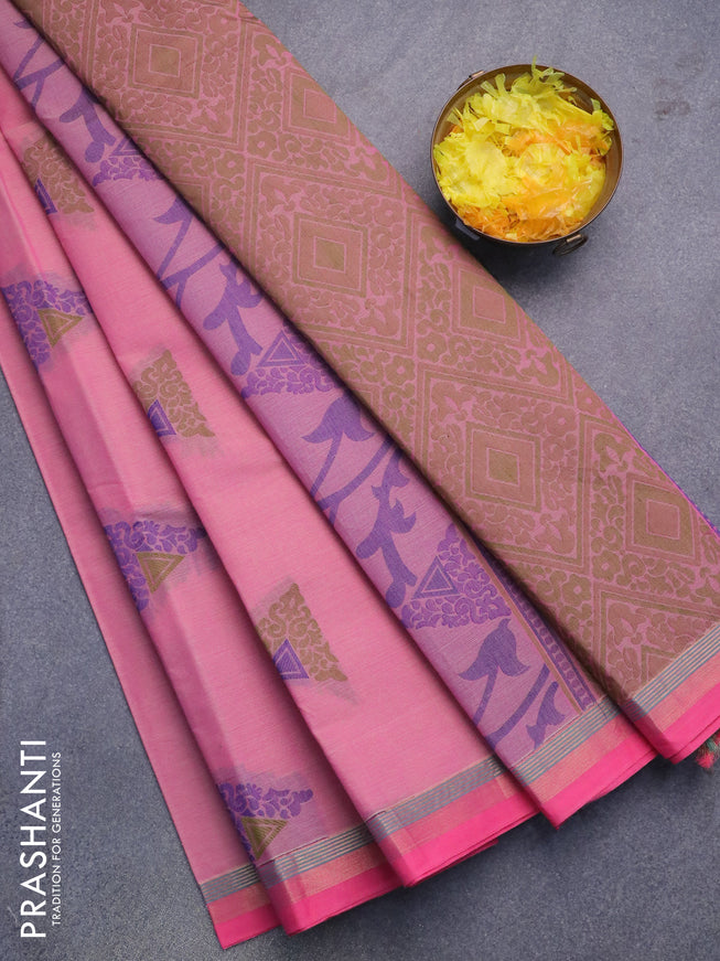 Nithyam cotton saree light pink and pink with geometric thread woven buttas and zari woven simple border