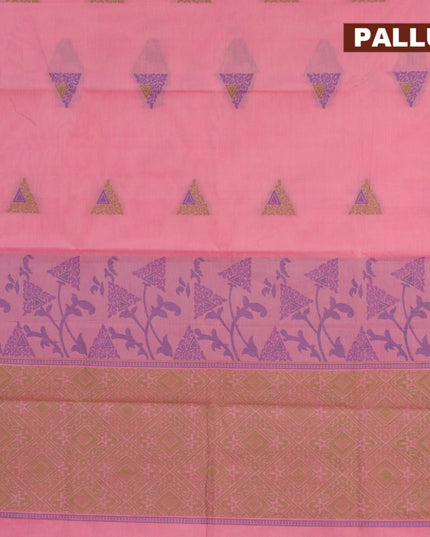 Nithyam cotton saree light pink and pink with geometric thread woven buttas and zari woven simple border