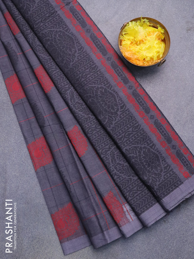 Nithyam cotton saree dark grey with allover thread checks and buttas in borderless style