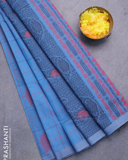 Nithyam cotton saree dual shade of bulish grey with allover thread checks and buttas in borderless style