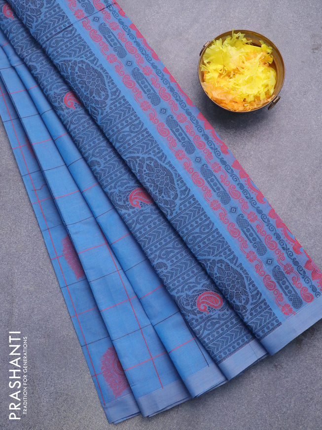Nithyam cotton saree dual shade of bulish grey with allover thread checks and buttas in borderless style