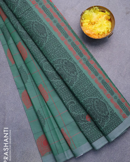 Nithyam cotton saree dual shade of greenish grey with allover thread checks and buttas in borderless style