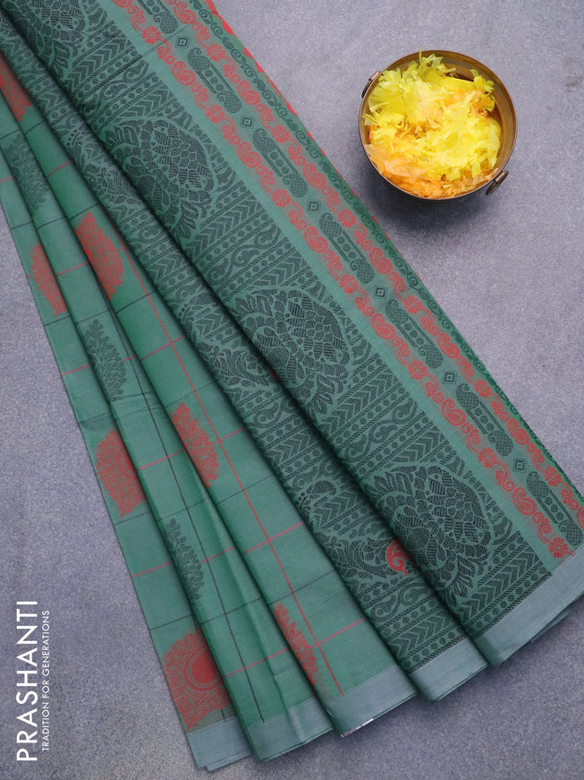 Nithyam cotton saree dual shade of greenish grey with allover thread checks and buttas in borderless style