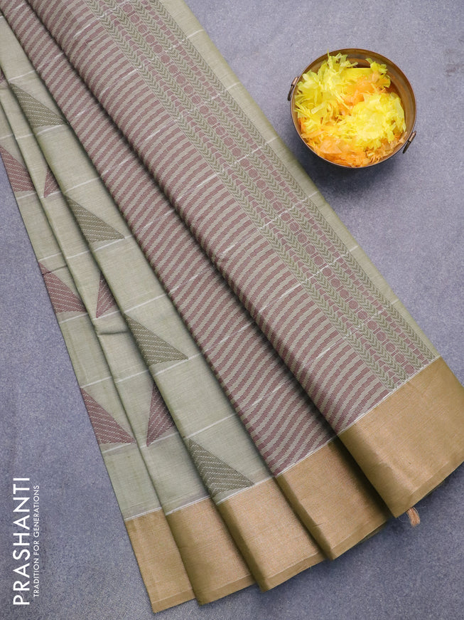 Nithyam cotton saree elaichi green and green shade with geometric thread woven buttas and zari woven border