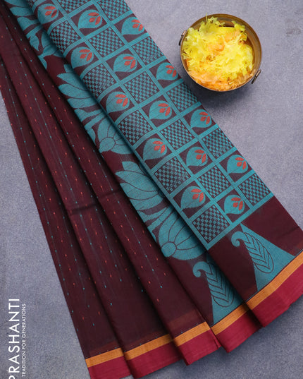Nithyam cotton saree deep coffee brown and maroon with allover copper zari & thread woven buttas and simple border