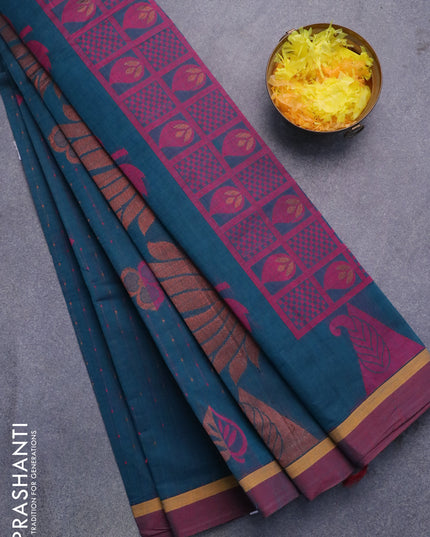 Nithyam cotton saree peacock blue and dual shade of maroon with allover copper zari & thread woven buttas and simple border