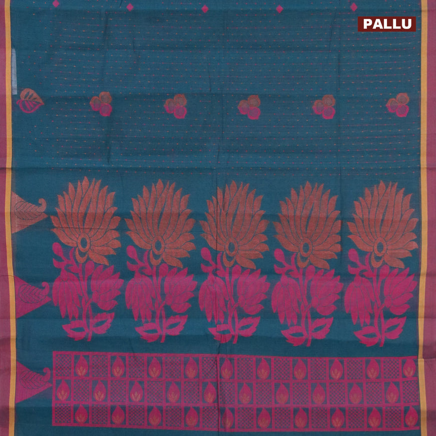 Nithyam cotton saree peacock blue and dual shade of maroon with allover copper zari & thread woven buttas and simple border