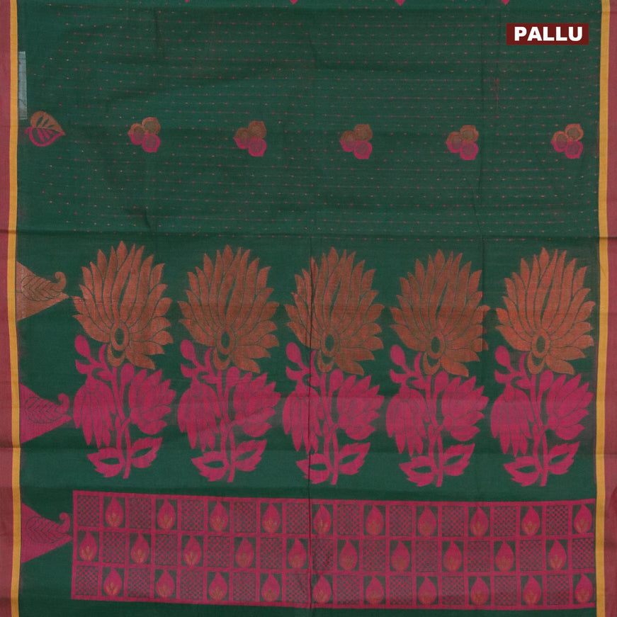 Nithyam cotton saree bottle green and maroon shade with allover copper zari & thread woven buttas and simple border