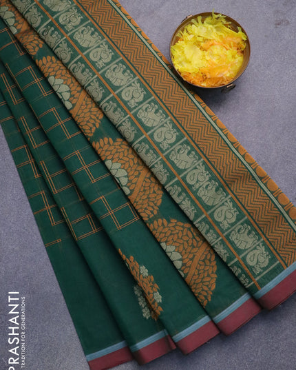 Nithyam cotton saree green and maroon with allover thread woven geometric wevaes and simple border