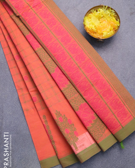 Nithyam cotton saree orange and green with allover thread checks & buttas and simple border