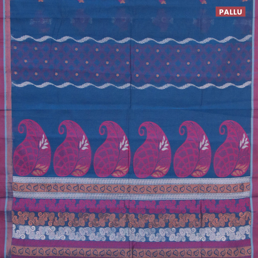 Nithyam cotton saree peacock blue and maroon shade with thread & zari weaves buttas and zari woven border