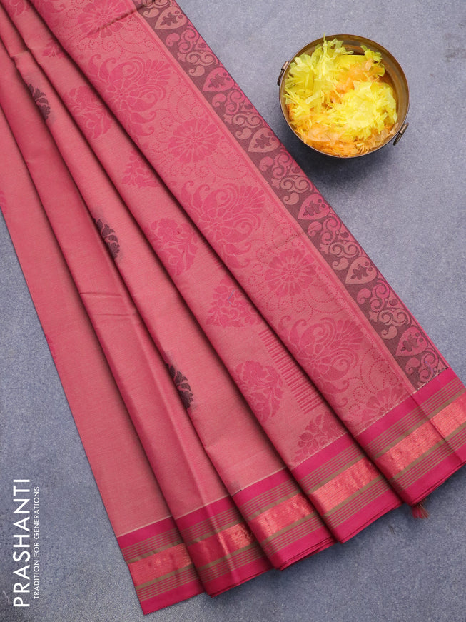 Nithyam cotton saree dual shade of pink and dark pink with floral thread woven buttas and zari woven border