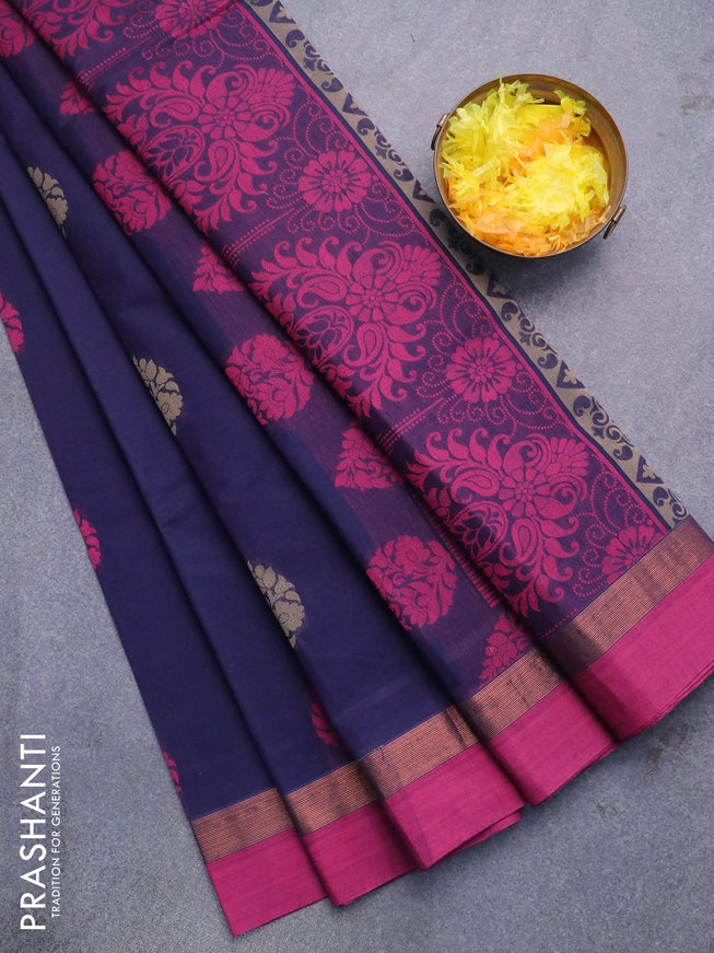 Nithyam cotton saree navy blue and magenta pink with floral thread woven buttas and zari woven border