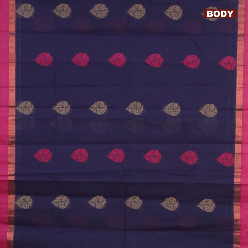 Nithyam cotton saree navy blue and magenta pink with floral thread woven buttas and zari woven border
