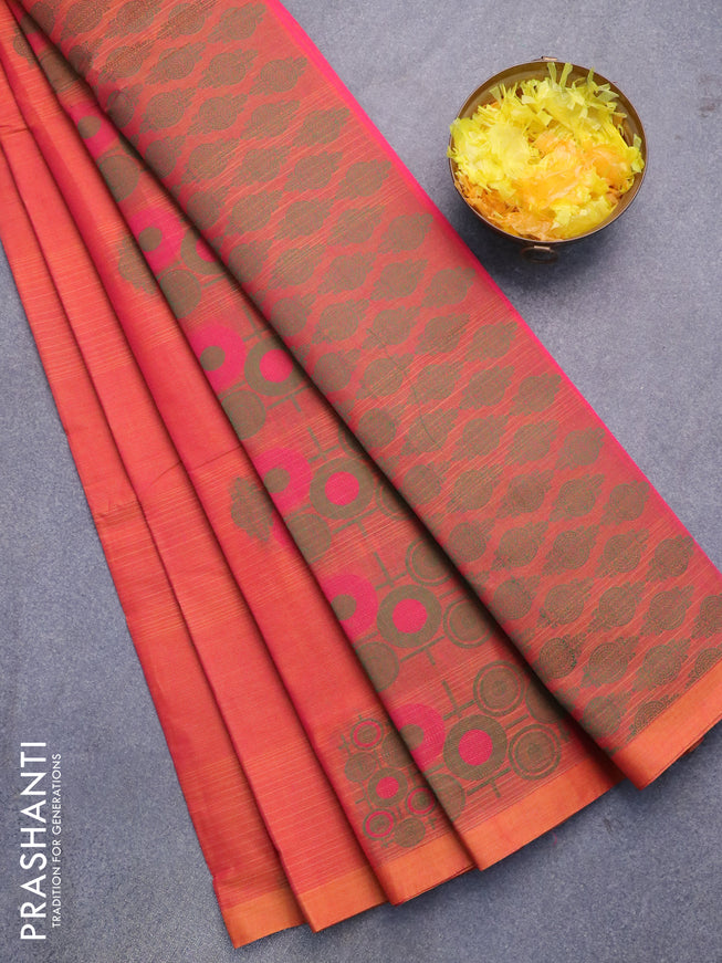 Nithyam cotton saree dual shade of pinkish orange with thread woven buttas in borderless style