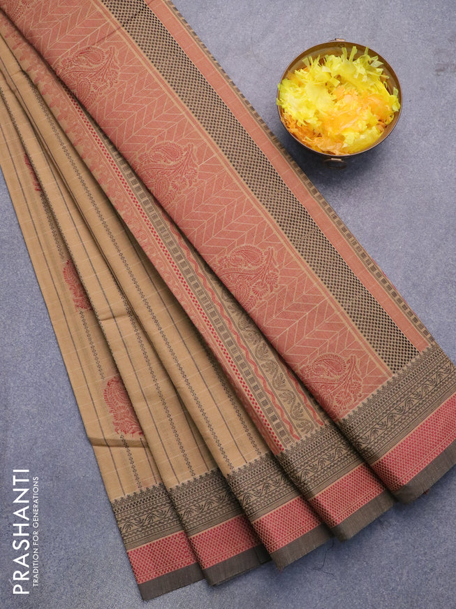 Nithyam cotton saree sandal and brown with allover thread weaves & buttas and thread woven border