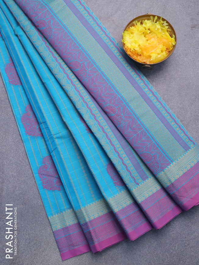 Nithyam cotton saree cs blue and purple with allover thread weaves & buttas and thread woven border