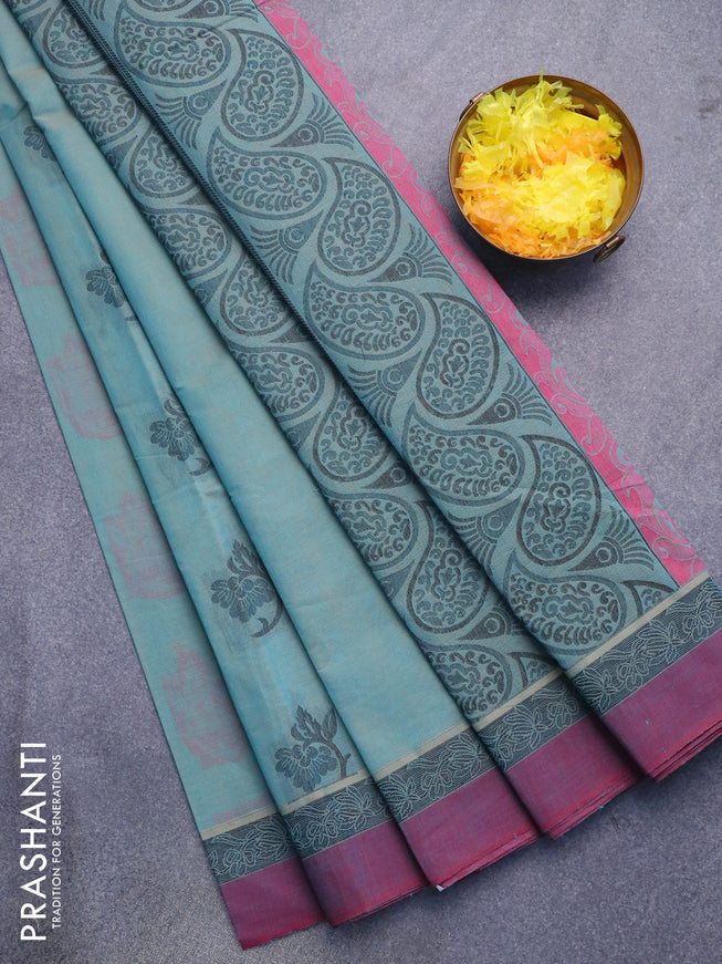 Nithyam cotton saree dual shade of blue and dual shade of maroon with floral thread woven buttas and thread woven simple border