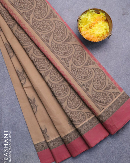 Nithyam cotton saree beige and maroon shade with floral thread woven buttas and thread woven simple border