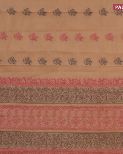 Nithyam cotton saree beige and maroon shade with floral thread woven buttas and thread woven simple border