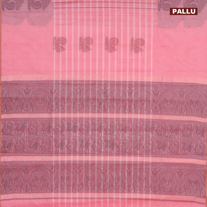 Nithyam cotton saree light pink and dual shade of beige with allover thread weaves & buttas and piping border