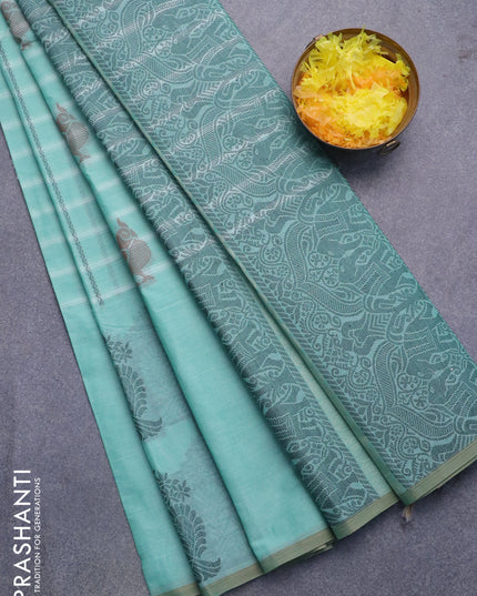 Nithyam cotton saree pastel green and dual shade of beige with allover thread weaves & buttas and piping border