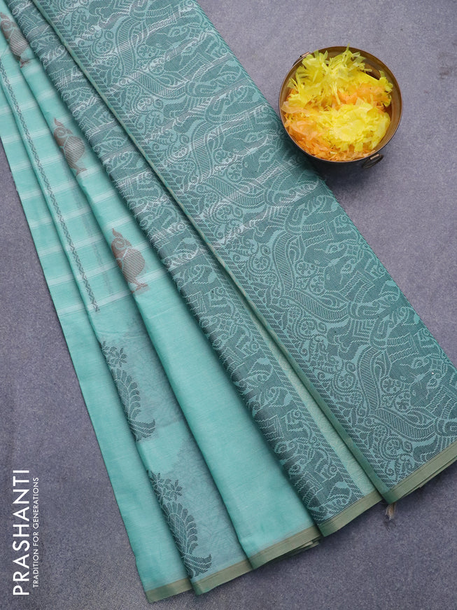 Nithyam cotton saree pastel green and dual shade of beige with allover thread weaves & buttas and piping border