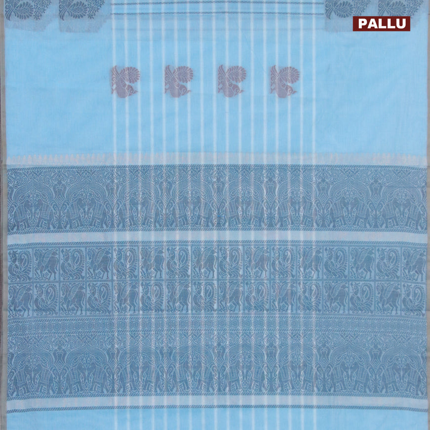 Nithyam cotton saree light blue and chikku shade with allover thread weaves & buttas and piping border