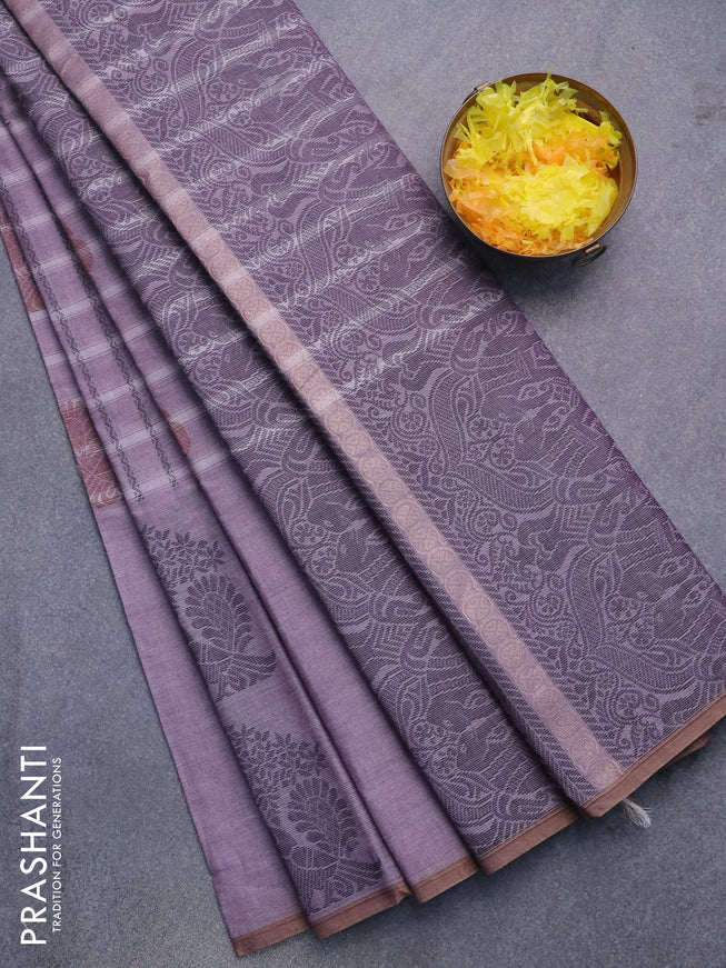 Nithyam cotton saree lavender shade and chikku shade with allover thread weaves & buttas and piping border