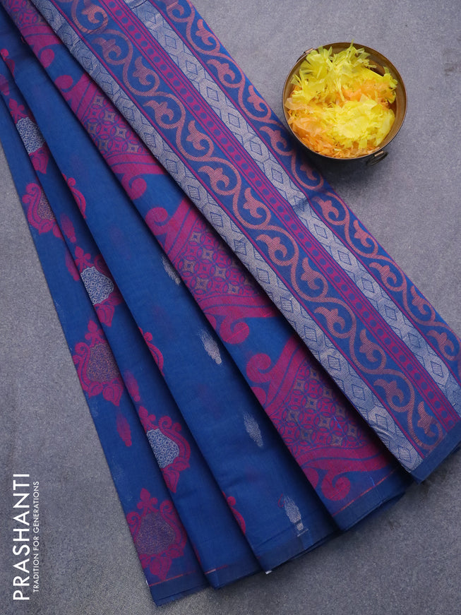 Nithyam cotton saree blue with allover zari & thread woven buttas in borderless style