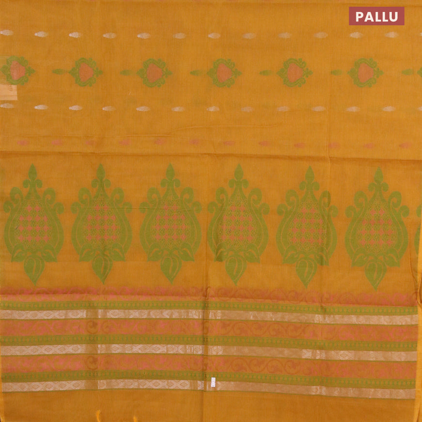 Nithyam cotton saree mustard shade with allover zari & thread woven buttas in borderless style