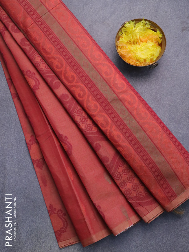 Nithyam cotton saree dual shade of maroon with allover zari & thread woven buttas in borderless style
