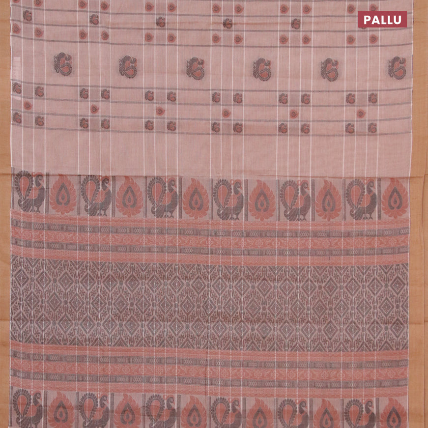 Nithyam cotton saree pastel brown and chikku shade with allover thread weaves & buttas and simple border