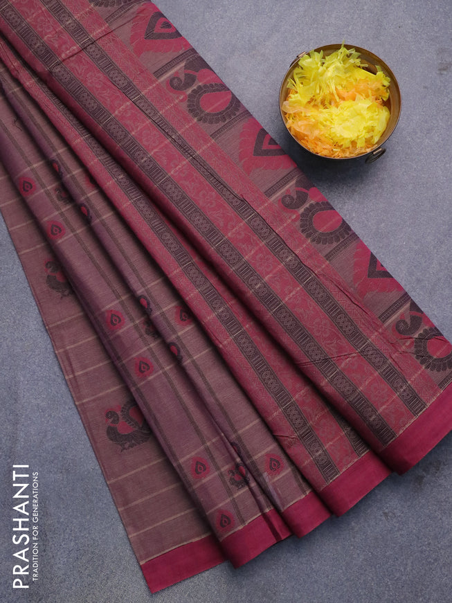 Nithyam cotton saree dual shade of beigish purple and maroon shade with allover thread weaves & buttas and simple border