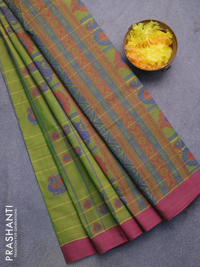 Nithyam cotton saree light green and pink shade with allover thread weaves & buttas in borderless style