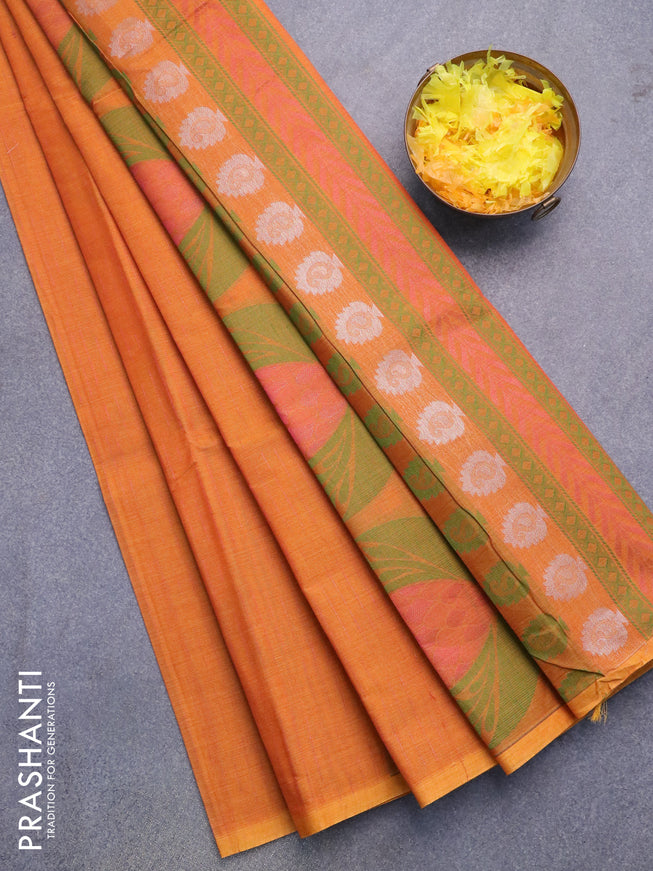 Nithyam cotton saree dark mustard with allover zari & thread woven buttas in borderless style