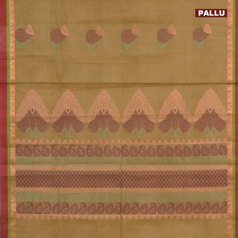Nithyam cotton saree olive green and maroon with thread & copper zari woven buttas and copper zari woven simple border