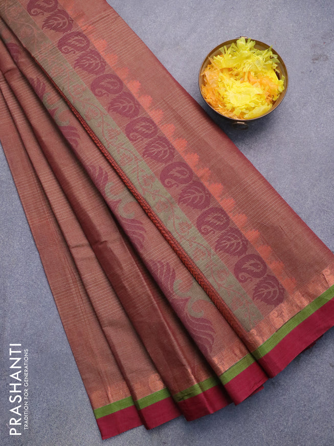 Nithyam cotton saree brown and maroon with thread & copper zari woven buttas and copper zari woven simple border