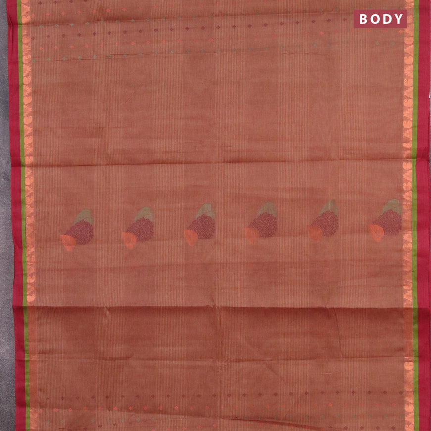 Nithyam cotton saree brown and maroon with thread & copper zari woven buttas and copper zari woven simple border