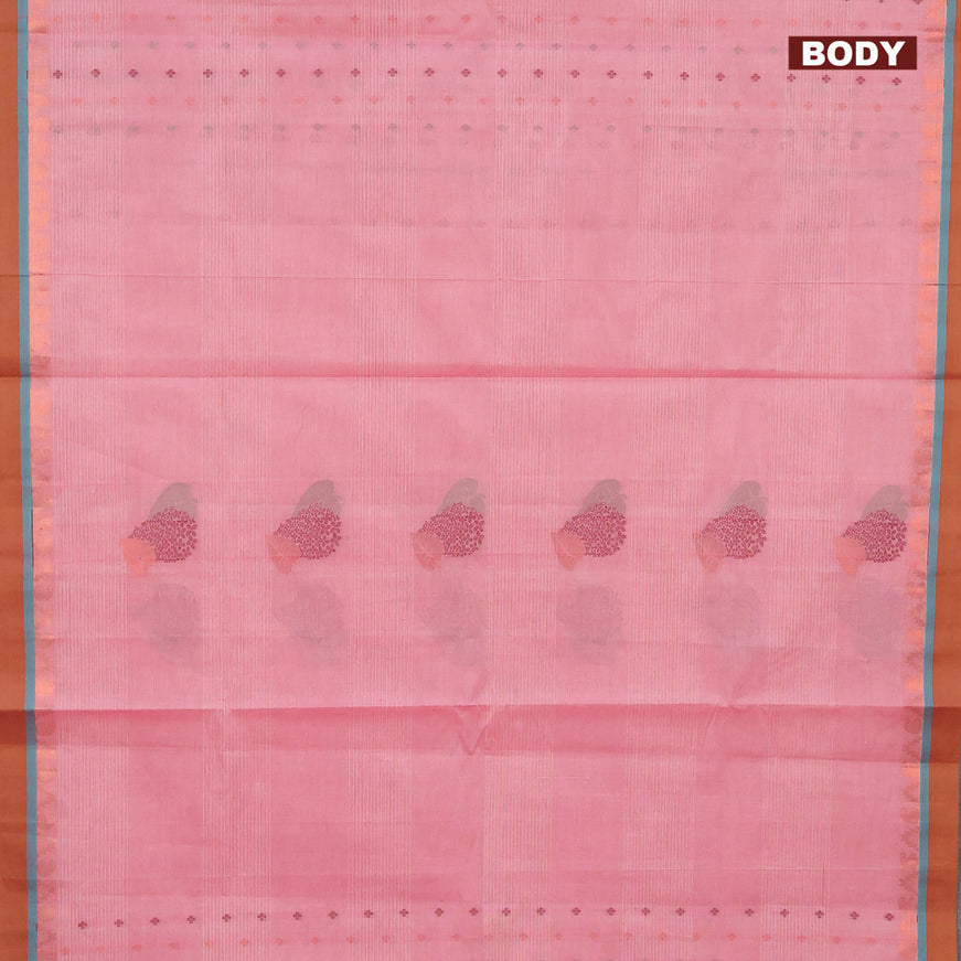 Nithyam cotton saree light pink and rust shade with thread & copper zari woven buttas and copper zari woven simple border