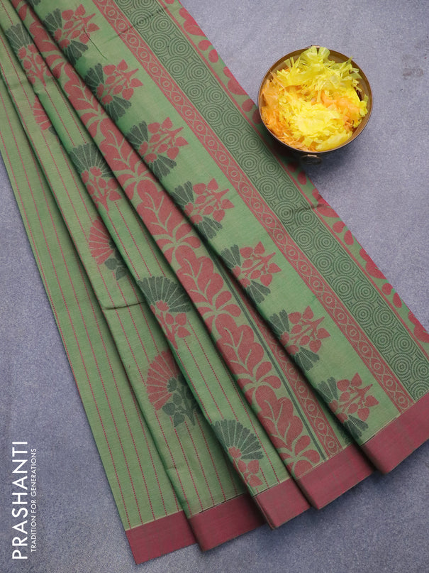 Nithyam cotton saree green and maroon with allover stripes & buttas and simple border