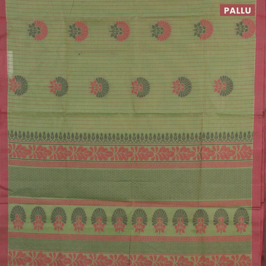 Nithyam cotton saree green and maroon with allover stripes & buttas and simple border