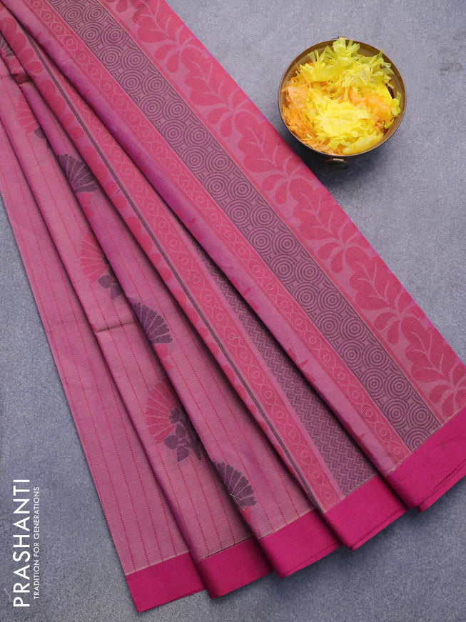 Nithyam cotton saree dual shade of purple and dark magenta with allover stripes & buttas and simple border