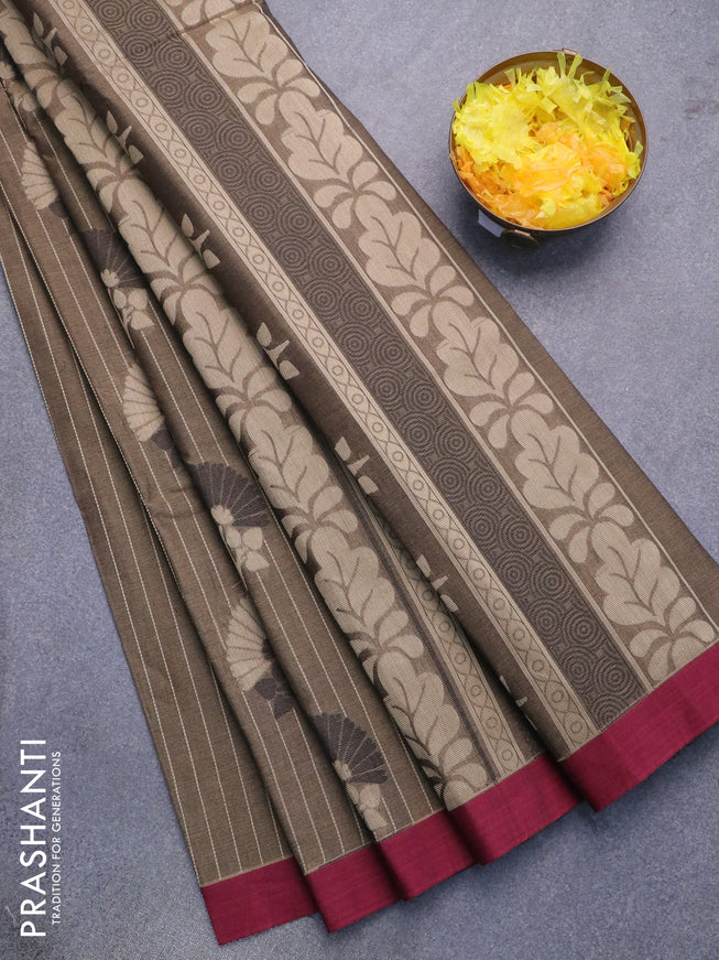 Nithyam cotton saree grey and maroon with allover stripes & buttas and simple border
