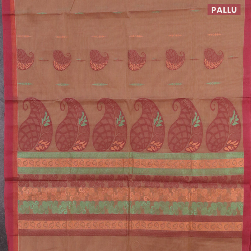 Nithyam cotton saree beige and maroon with thread & zari woven butta weaves and zari woven simple border