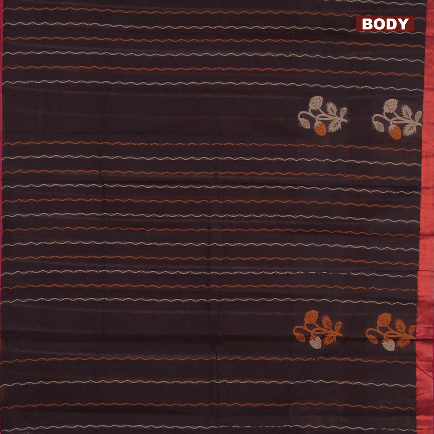 Nithyam cotton saree deep coffee brown and maroon with allover thread weaves & floral buttas and copper zari woven border