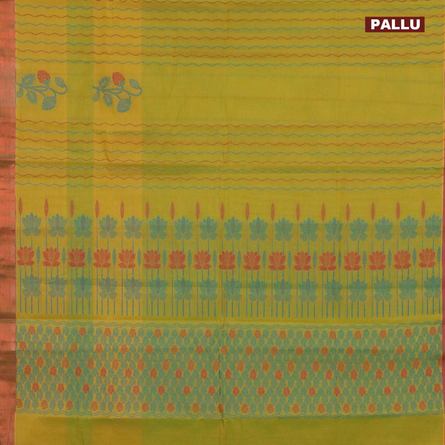 Nithyam cotton saree dual shade of yellowish green with allover thread weaves & floral buttas and copper zari woven border