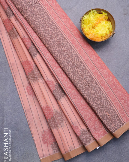 Nithyam cotton saree peach shade with allover thread weaves & buttas and piping border