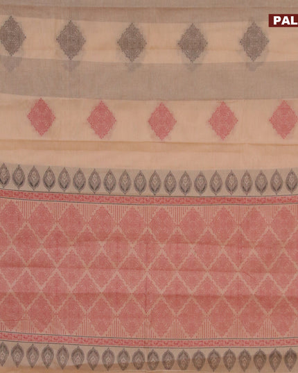 Nithyam cotton saree beige with thread weaves & buttas in borderless style